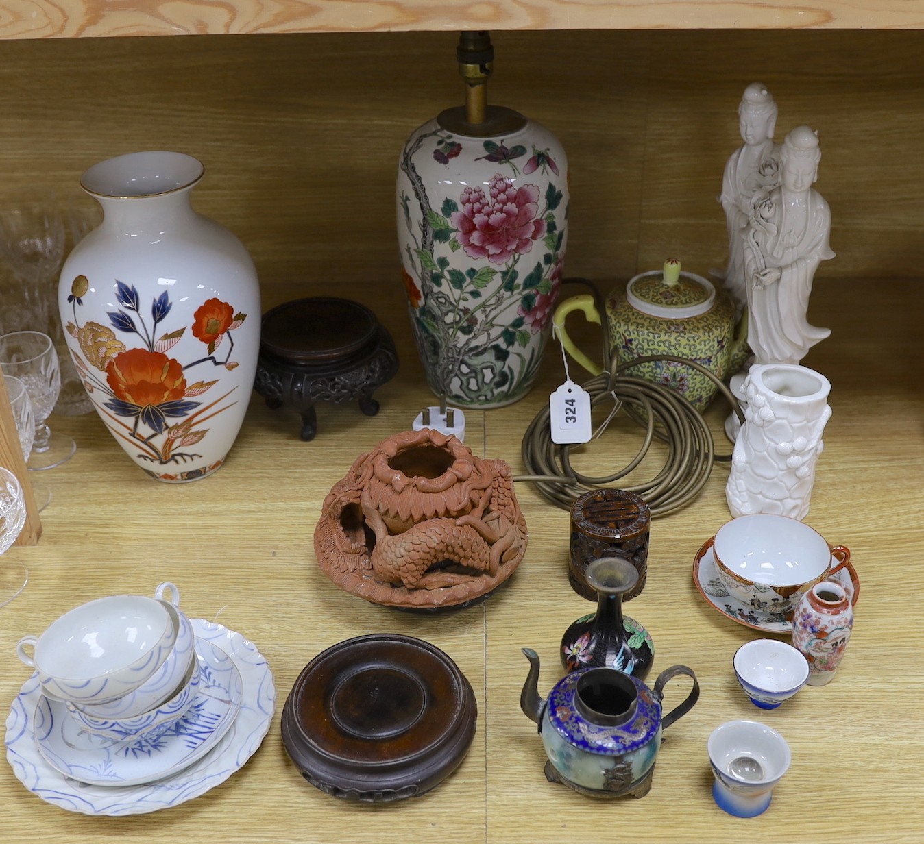 A late 19th century Chinese famille rose lamp (cut down) and other Chinese and Japanese ceramics and miscellaneous items